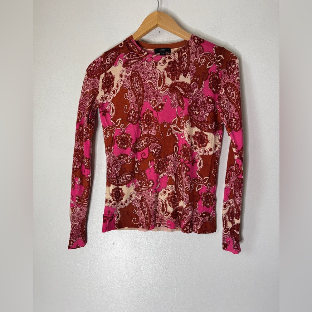 J Crew XXS Pink Margot Merino Wool Vintage Paisley Print‎ Crew Neck Sweater